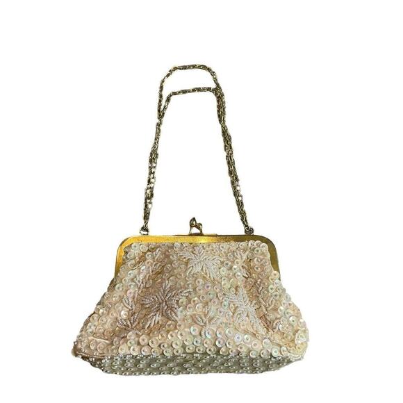 Vintage sequined beaded mini bag gold chain strap kiss lock - Picture 1 of 5